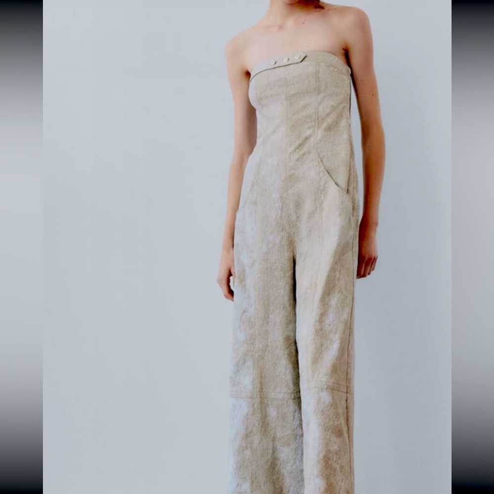 Zara printed linen blend jumpsuit, side zipper